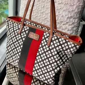 Kate Spade Harmony stucco color classic tote bag. jacquard fabric and leather
